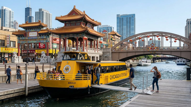 Chicago Water Taxi boat approaching the Chinatown dock at Ping Tom Memorial Park on the Chicago River