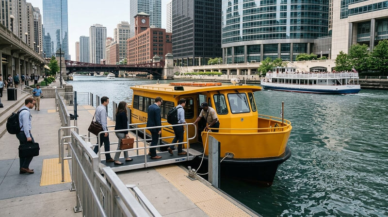 Chicago Water Taxi yellow boat on the Chicago River with the downtown skyline
