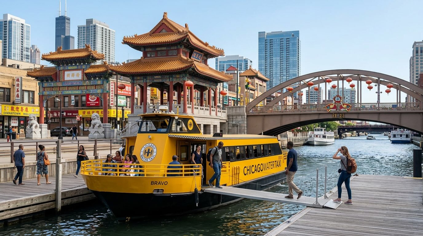 Chicago Water Taxi boat approaching the Chinatown dock at Ping Tom Memorial Park on the Chicago River