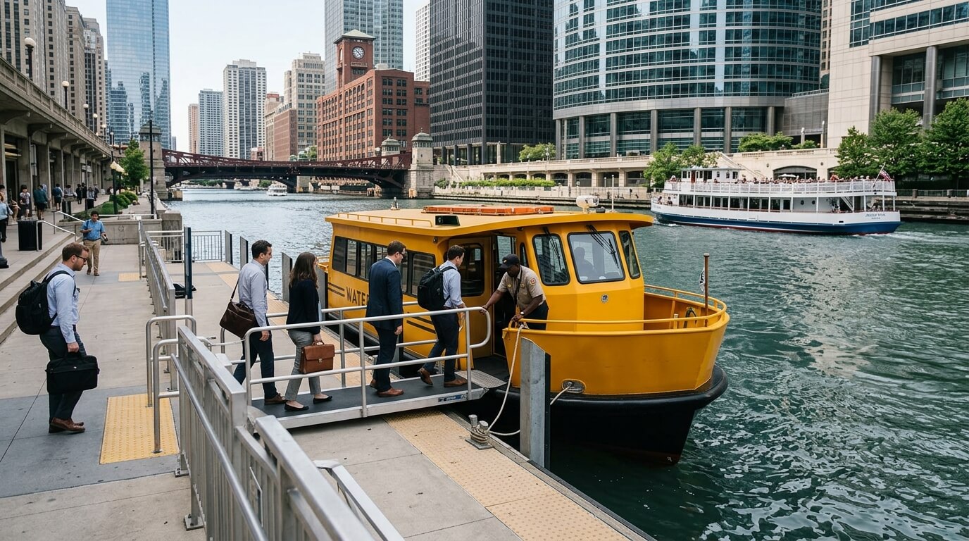 Chicago Water Taxi yellow boat on the Chicago River with the downtown skyline